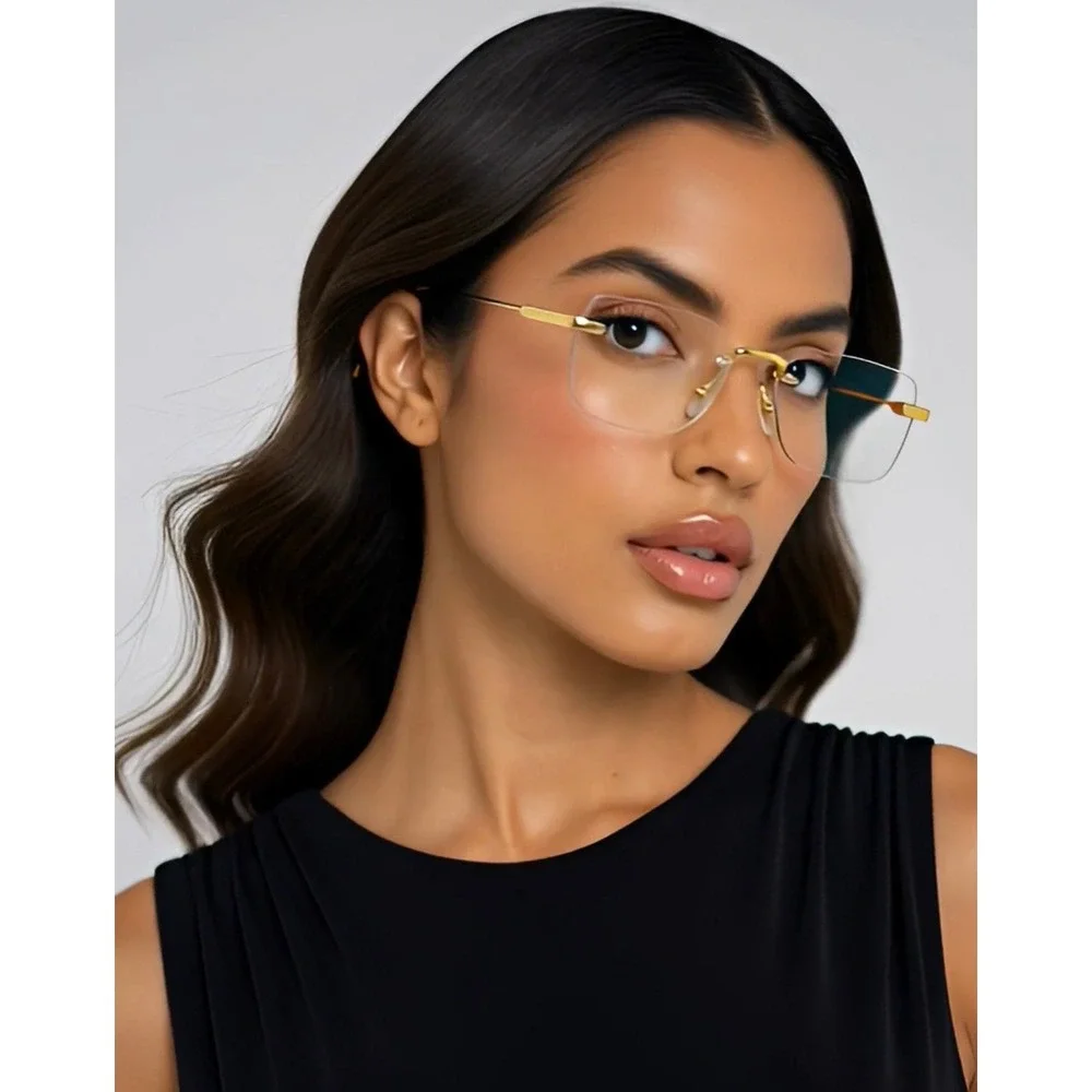 Gold Rimless Rectangle Clear Lens Glasses Women Retro Fashion Eyewear New Lentes